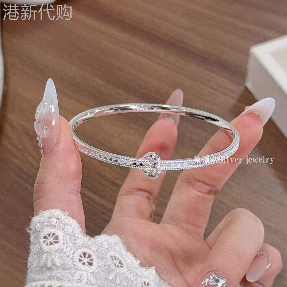 拾清欢 足银999.9纯银手镯爱心闪亮闭口实心银镯子小众设计高级感