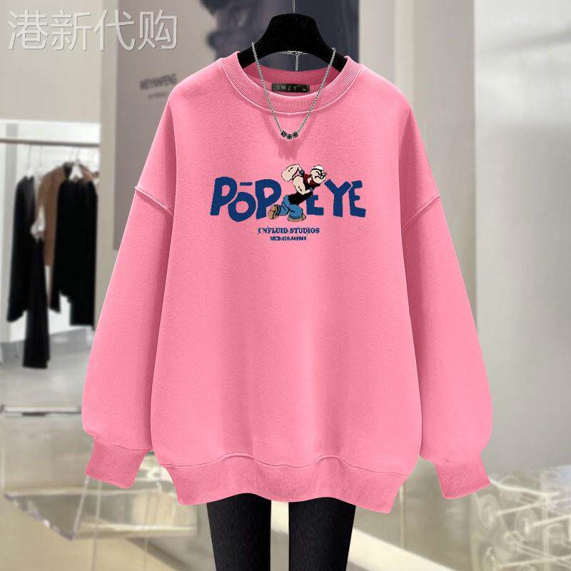 韩国粉色圆领厚棉T女2025秋冬新款卡通水手韩版宽松加绒套头上衣