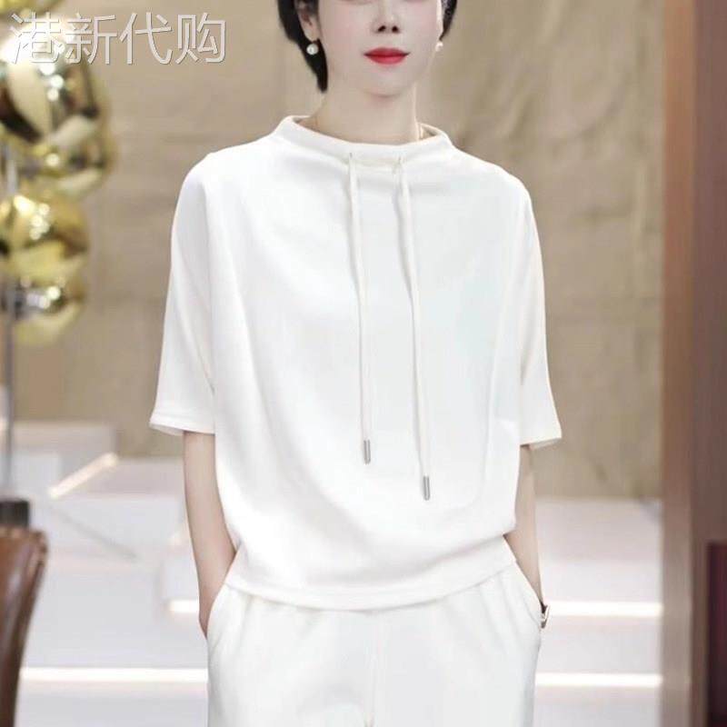 白色正肩短袖t恤女夏季薄款2026新款宽松显瘦设计感半袖卫衣上衣