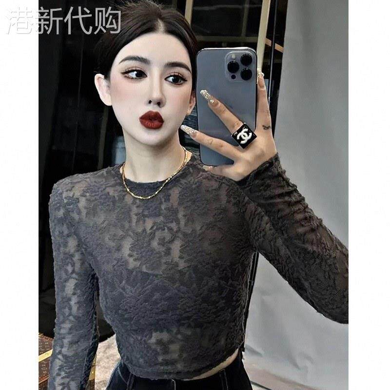 镂空蕾丝打底衫女春秋欧货漂亮小衫修身高腰短款露脐内搭网纱上衣