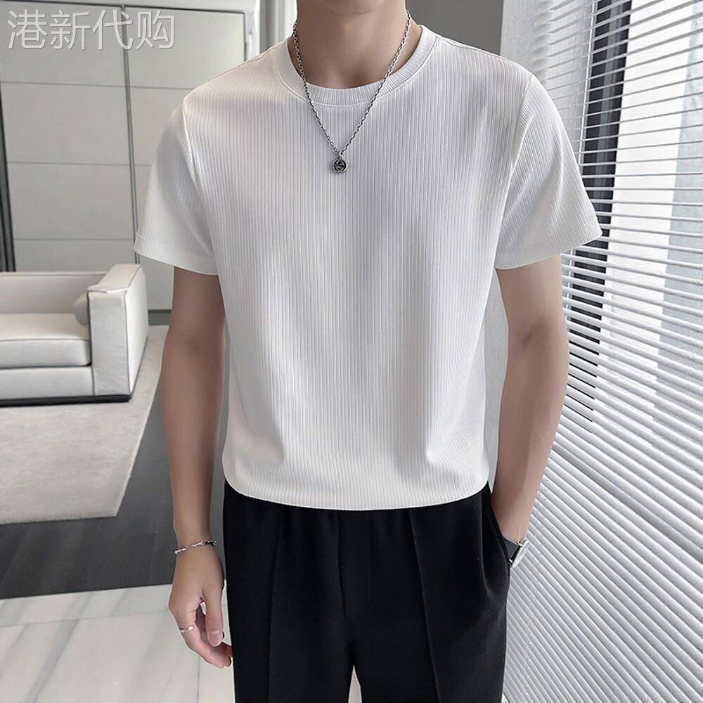 LL男装冰丝条纹短袖T恤男士弹力夏季轻熟风高级感内搭白色打底衫