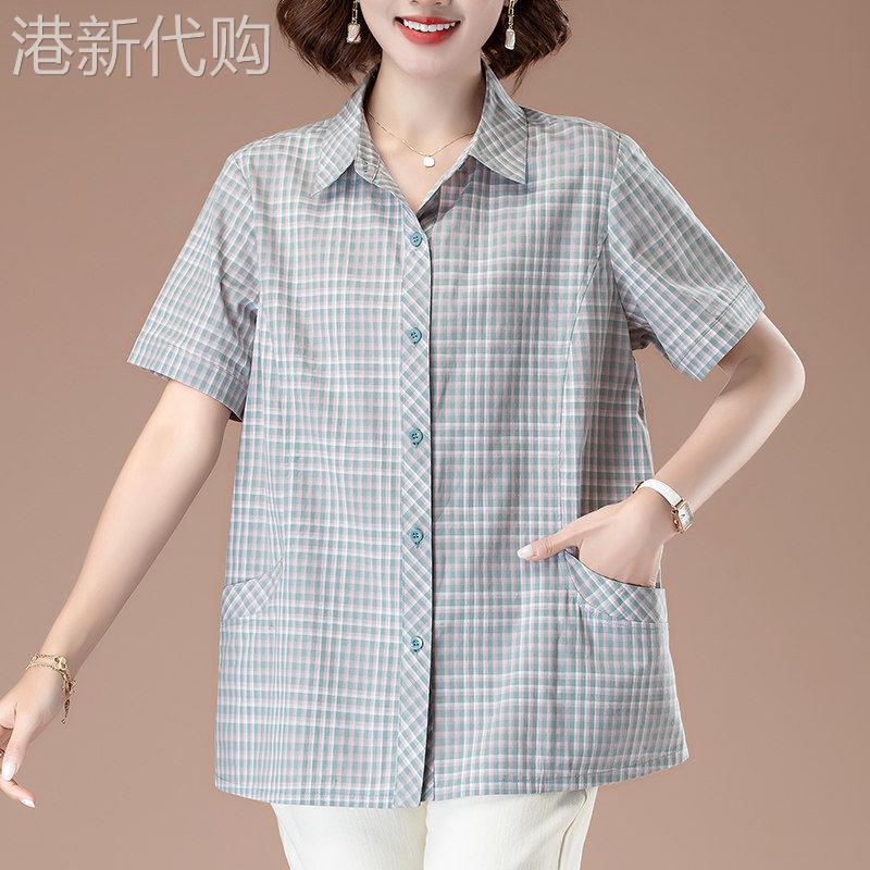 中年妈妈纯棉格子衬衫女短袖夏装薄款宽松大码休闲时尚全棉衬衣