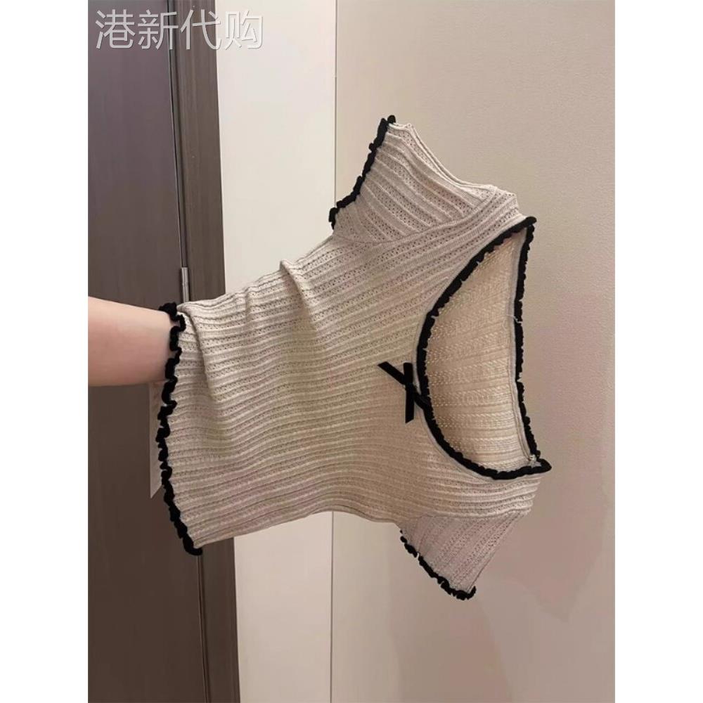 美式正肩冰丝针织短袖T恤女2025夏季新款蝴蝶结紧身辣妹短款上衣