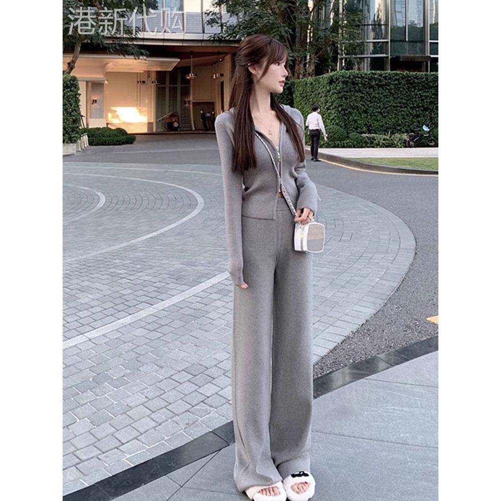 欧洲站运动套装女秋季款新款搭配一整套休闲针织卫衣阔腿裤两件套
