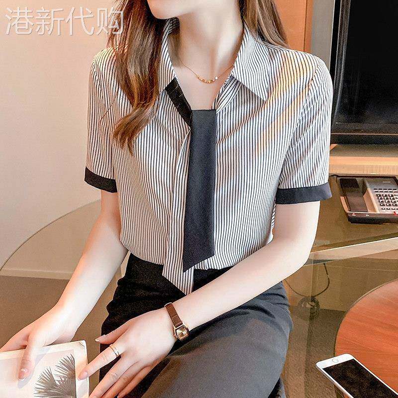 条纹衬衫女短袖夏季2025新款气质通勤高级感职业百搭显瘦雪纺上衣