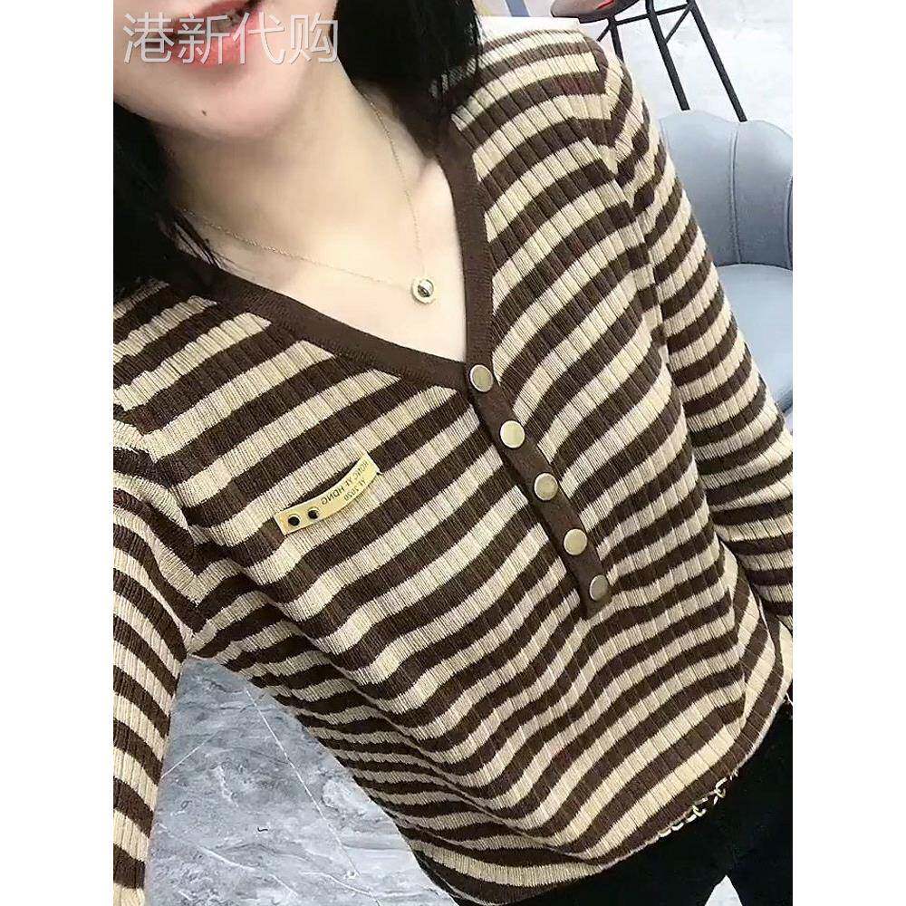 女式条纹针织衫2025新款春秋韩式西式v领套头衫配长袖针织衫下装
