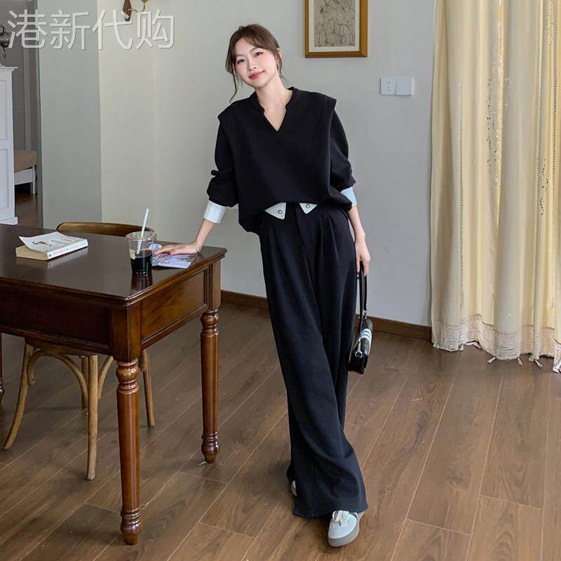 黑色设计感拼接卫衣阔腿裤休闲两件套2026春季高级松弛感穿搭套装