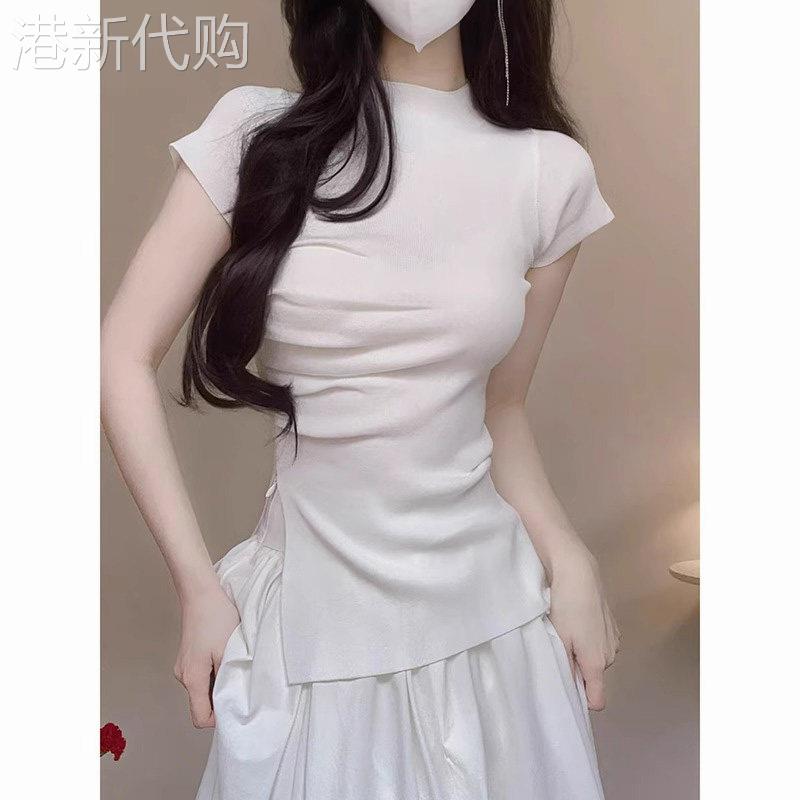 不规则白色半高领小飞袖正肩短袖T恤女夏季开叉修身冰丝针织上衣