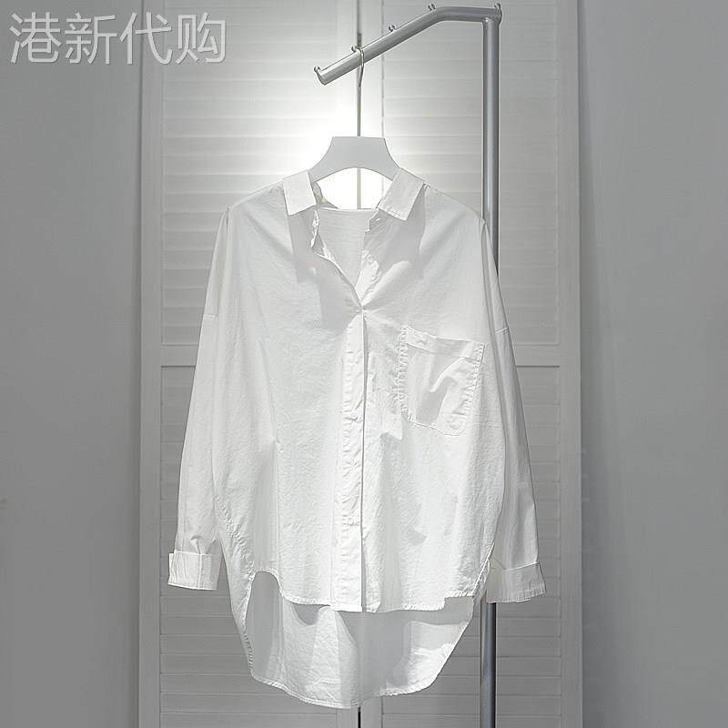 翻领白色衬衫女春季慵懒风前短后长休闲宽松百搭显瘦长袖外套上衣