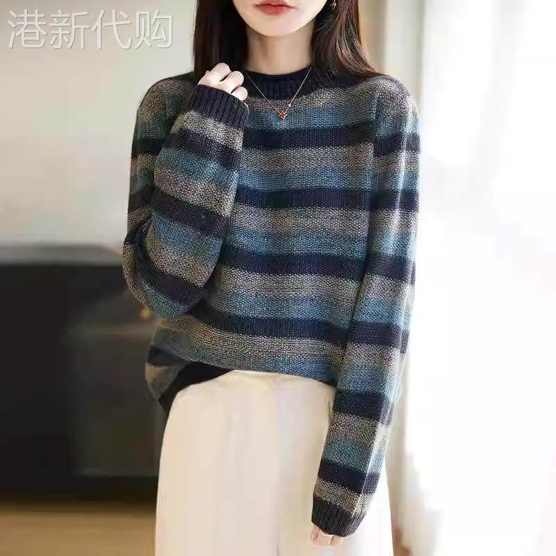 纯棉针织半高领毛衣女可外穿加厚保暖慵懒风复古条纹休闲打底上衣