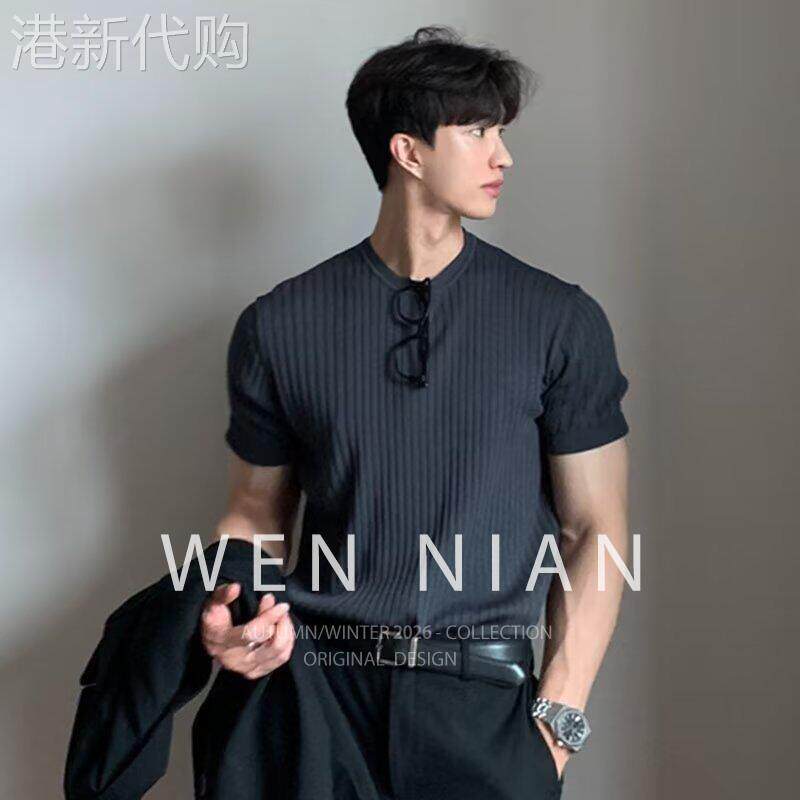 韩国WEN NIAN老钱风重磅针织t恤男2026夏季小领口英伦雅痞三分袖