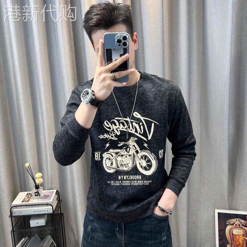 休闲圆领印花套头休闲上衣男2025春秋新款韩版潮流时尚百搭长袖T