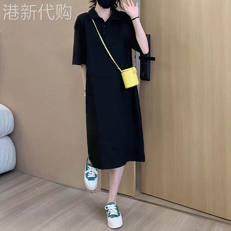 polo洋装女夏季2025新款中长版休闲 运动宽松直筒黑色短袖T恤裙