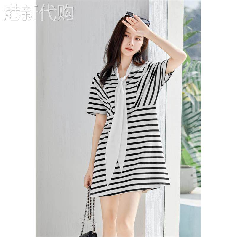 条纹针织洋装女夏薄款2026新款韩版时尚宽松减龄显瘦休闲T恤裙