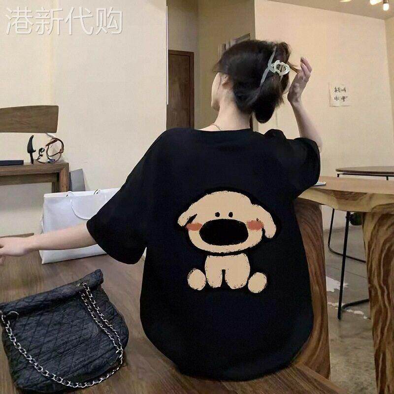 法国Rouje Dsyle美式复古黑色短袖t恤女纯棉宽松大码半袖洋气上衣