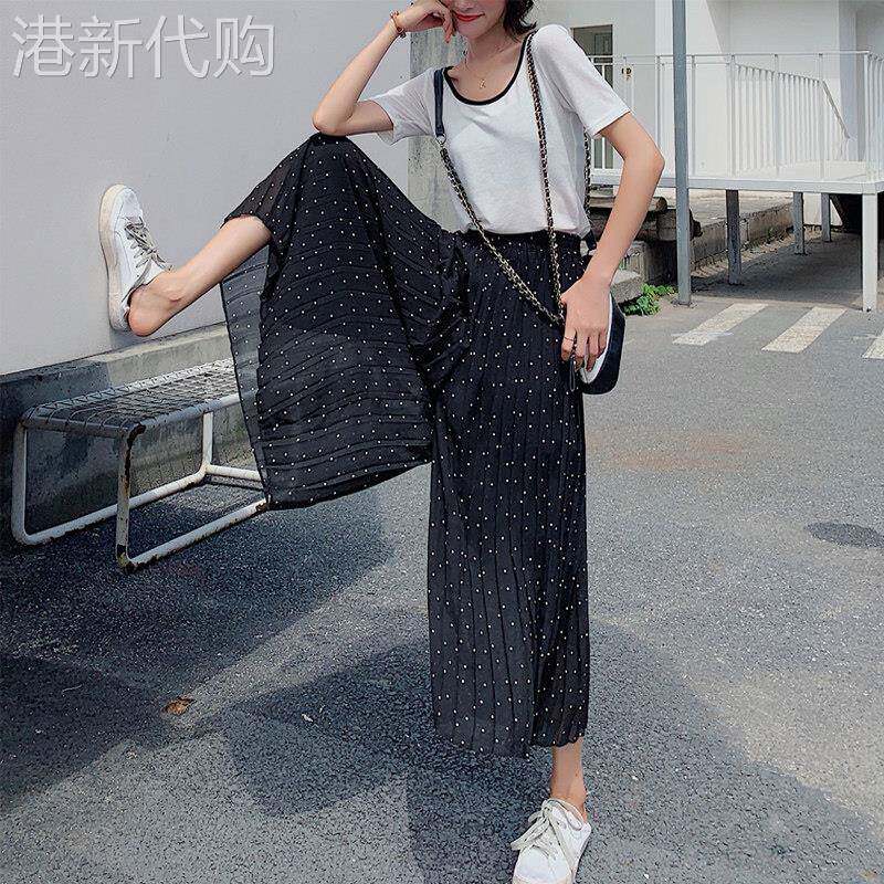 百褶雪纺阔腿裤女夏季季复古宽松薄款凉凉裤高腰垂感冰丝七分裙裤