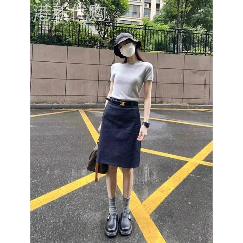 深蓝色高腰牛仔女裙春秋季欧洲薄大码简单覆古通用a字休闲裙