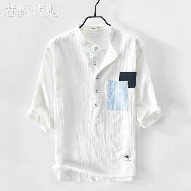 棉麻短袖t恤男士夏季潮牌日系半截中袖套头衬衫亚麻薄款速干T恤