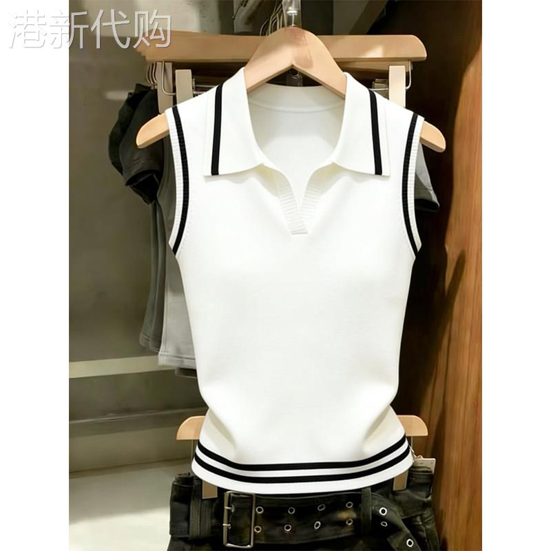 撞色条纹拼接POLO领背心女夏季2026新款洋气减龄外穿无袖T恤上衣