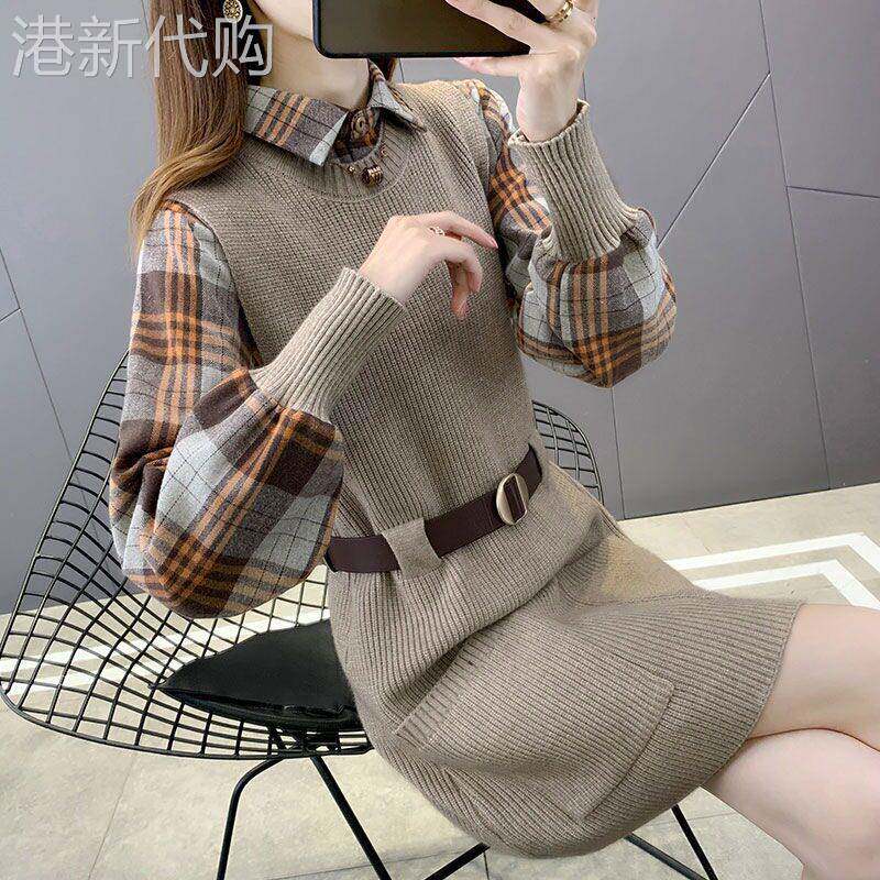 套装秋冬女2025新款时尚洋气针织中长款毛衣连衣裙衬衫马甲两件套