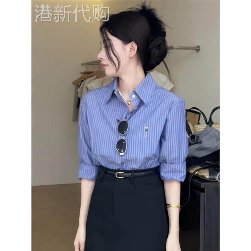 条纹蓝色衬衫女春秋新款欧货小个子时尚气质衬衣宽松显瘦减龄上衣