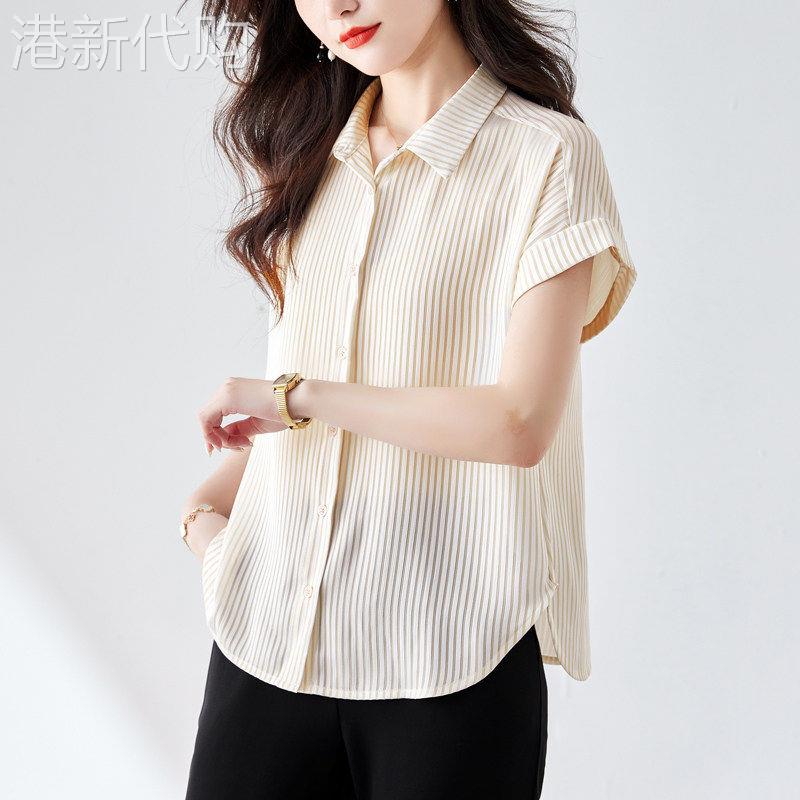 中年妈妈POLO领短袖竖条纹衬衫女夏季薄款新款宽松大尺码时尚衬衫