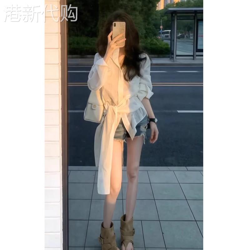 白色长袖收腰绑带衬衫女春秋欧货新款气质绝美不对称通勤衬衣上衣