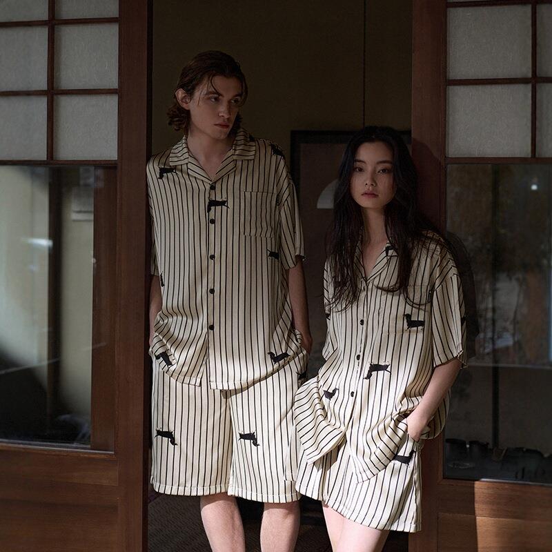 情侣睡衣女夏季冰丝薄款短袖套装夏真丝男士大码家居服条纹可外穿