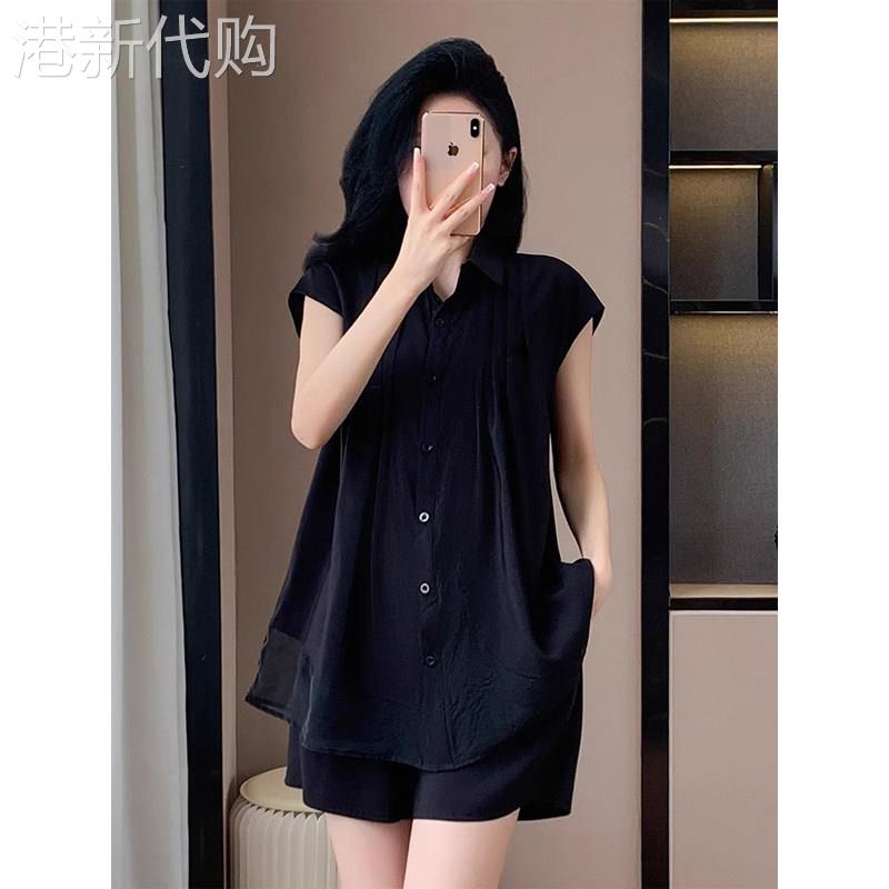 大码休闲衬衫减龄套装2026夏季胖妹妹复古时尚遮肚子短裤两件套
