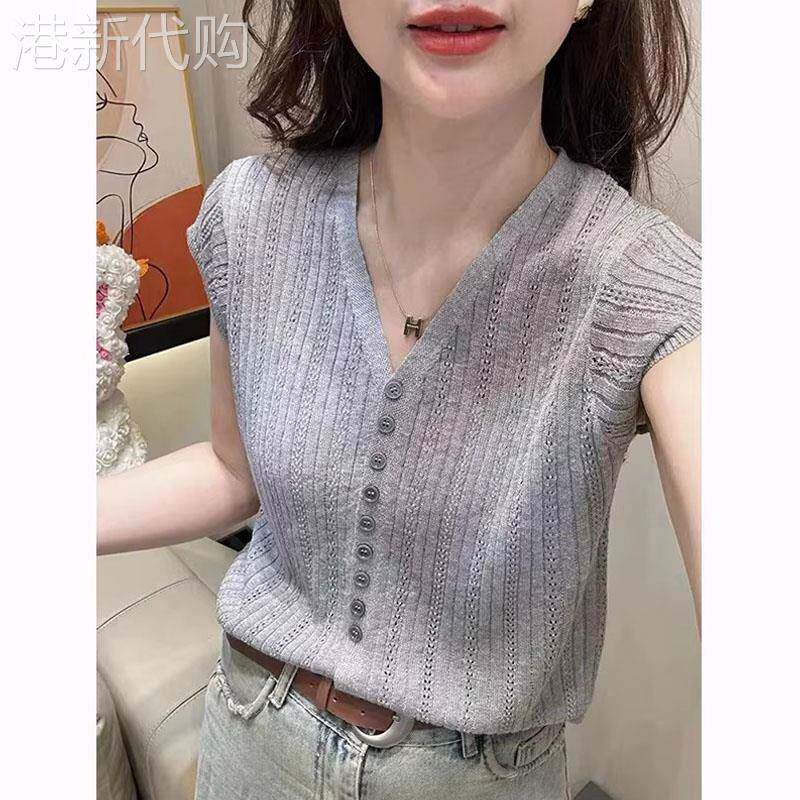 落肩镂空V领短袖针织衫女士夏季欧货单排扣宽松时尚休闲显瘦上衣