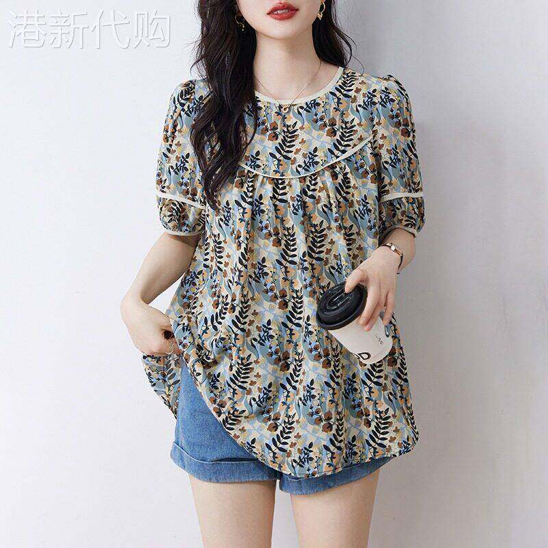 休闲 短袖衬衫女夏季新款大尺码宽松显瘦时尚印花女士雪纺上衣上