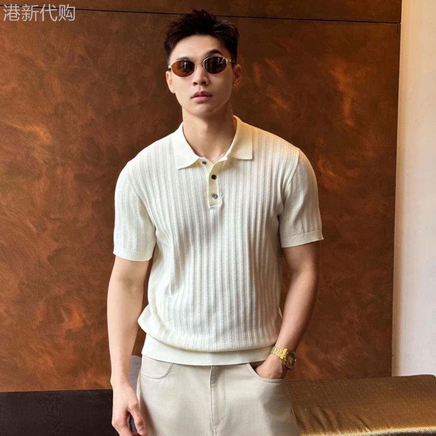 冰丝短袖POLO衫男士夏季透气薄款通勤休闲条纹镂空针织翻领T恤潮
