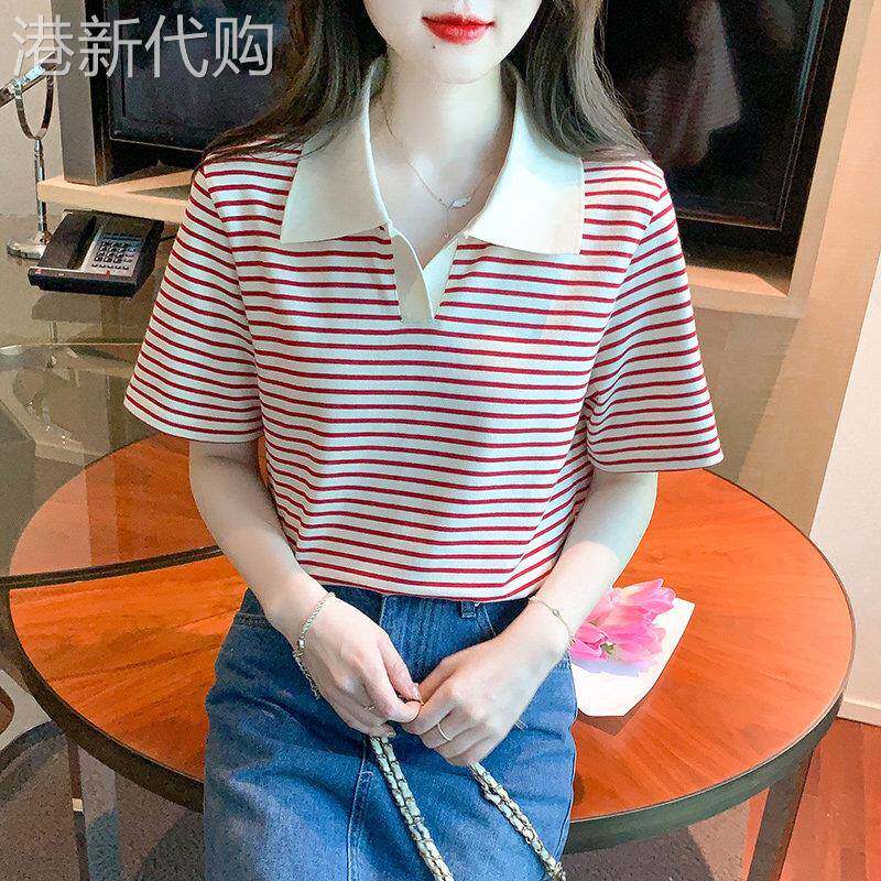 韩国纯棉短袖polo衫女夏季2025新款洋派条纹T恤女士韩版宽松上衣