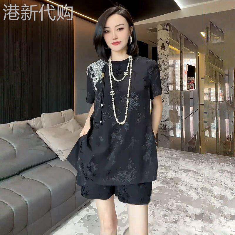 香港高档提花中长短袖t恤短裤套装，夏季珠饰优雅修身两件套