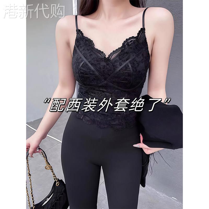 黑色蕾丝吊带背心女夏外穿带胸垫家居服收腰性感文胸一体美背上衣