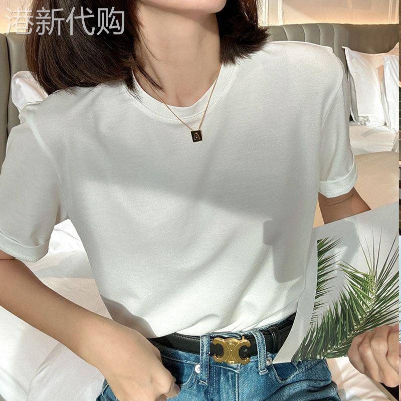 冰丝高端白色短袖T恤女夏新款薄款显瘦垂感百搭圆领T恤打底上衣