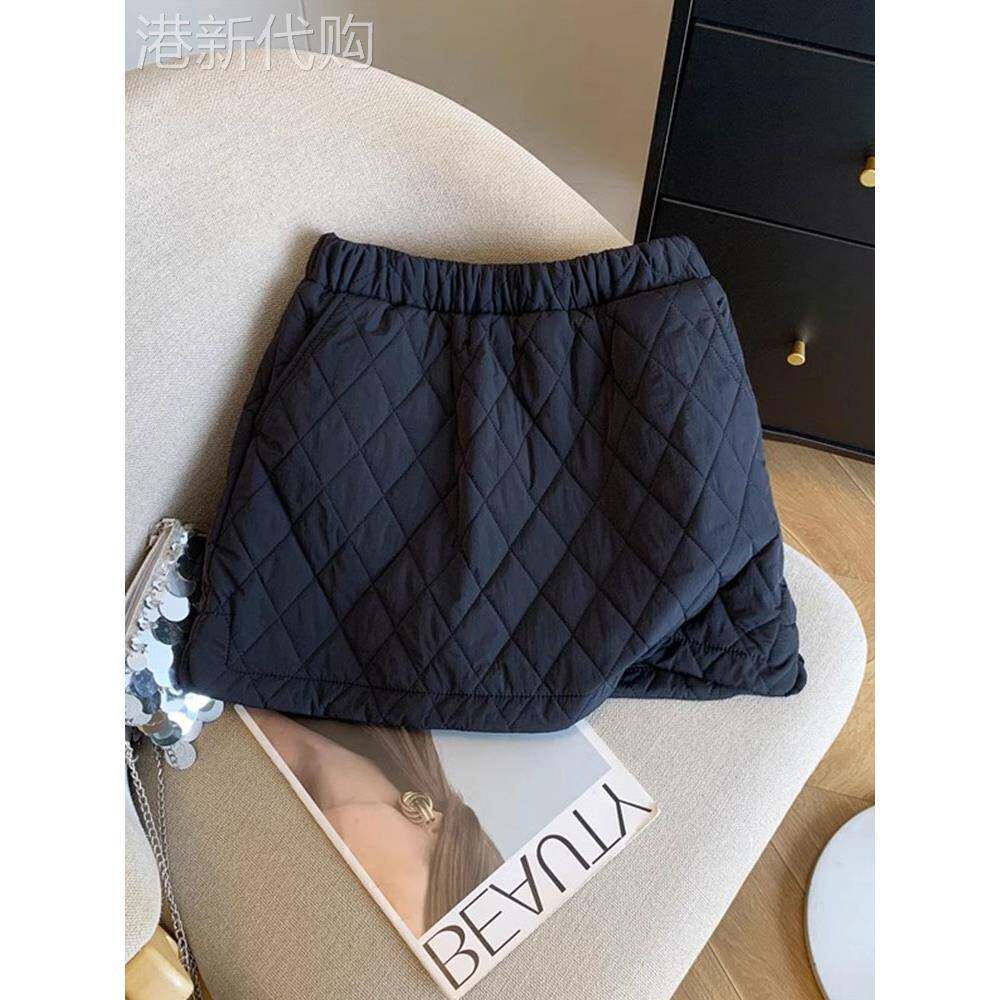 黑色夹棉加厚菱格半身裙女春季2025新款松紧腰显瘦a字包臀短裙子
