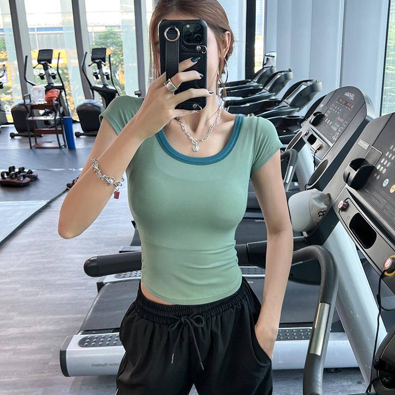 瑜伽服女2025新款夏季薄款紧身速干拼色运动短袖T恤健身上衣短款