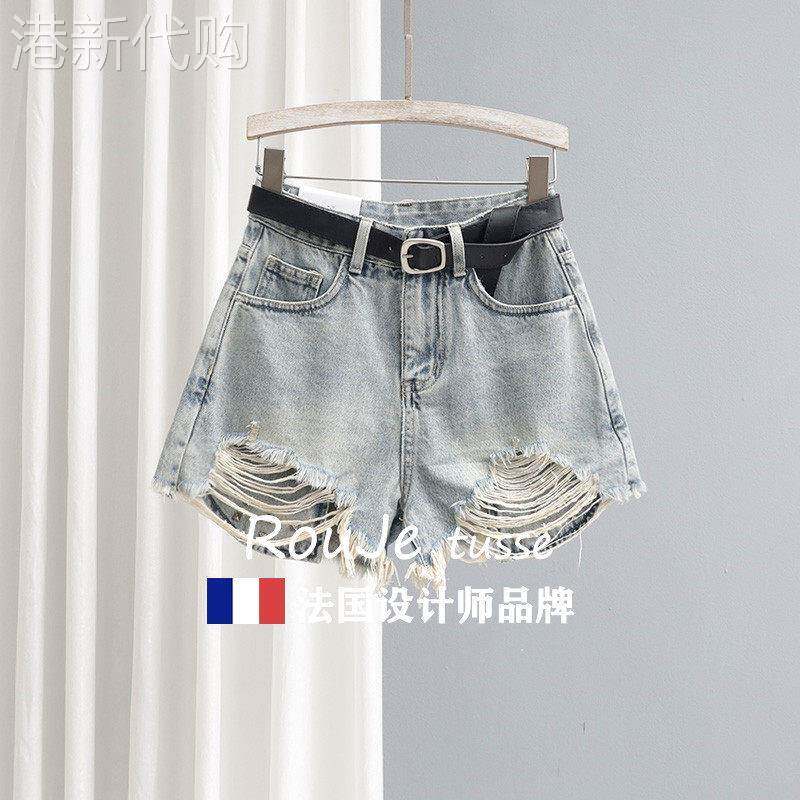 法国Rouje tusse夏季复古怀旧牛仔短裤女高腰阔腿裤无弹流苏热裤