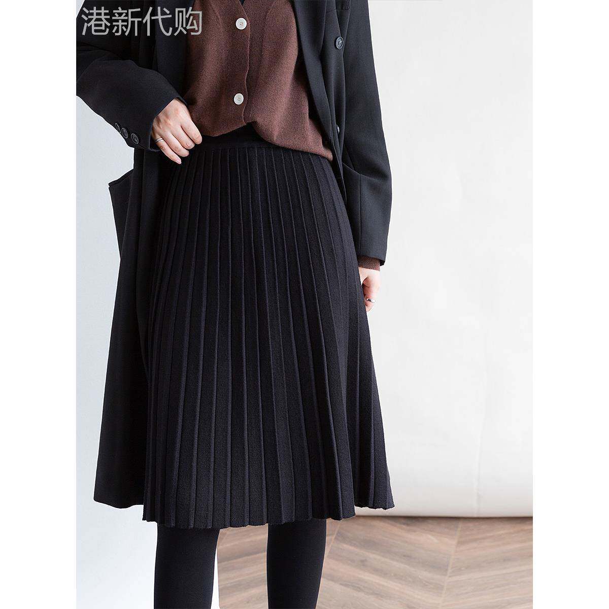 秋冬女士高腰纤细经典手风琴针织中长a字百褶裙