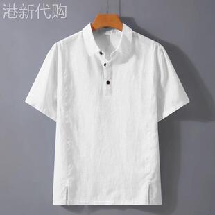 高端纯色亚麻POLO衫男士短袖T恤2026年新款夏季下摆开叉上衣男款