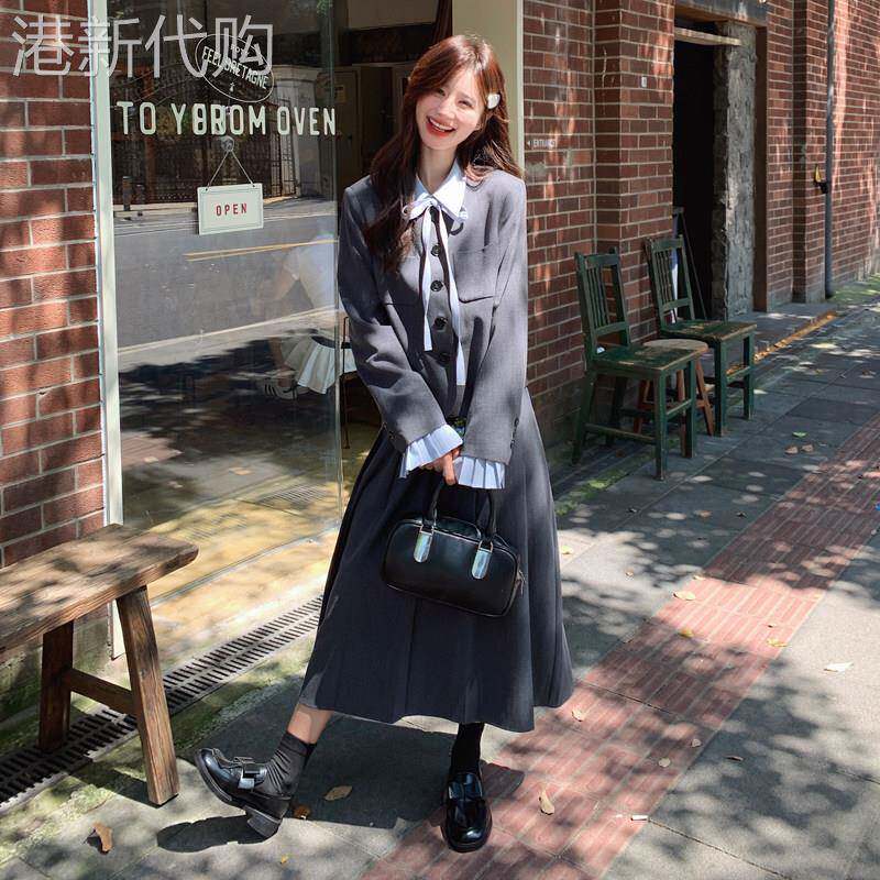 灰色学院风西装套装裙女2026春季新款蝴蝶结衬衫百褶半身裙三件套