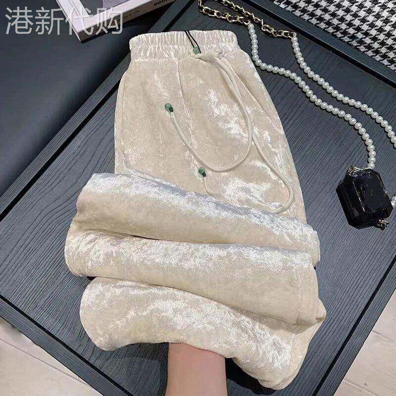 新中式丝绒阔腿裤女春秋季国风唐装裤新中式小个子高腰休闲长裤