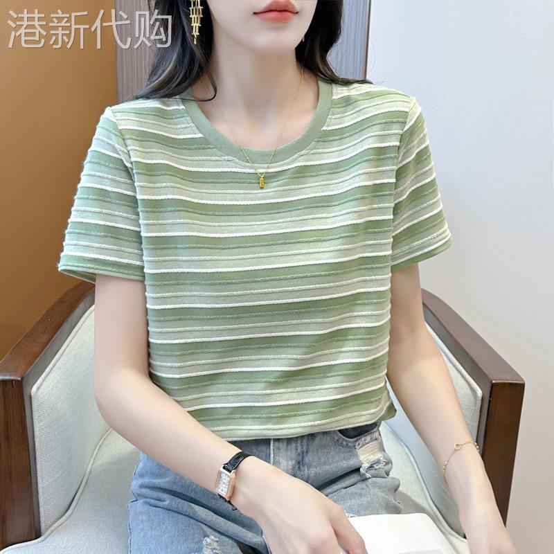 中年妈妈圆领条纹短袖T恤女夏季薄款宽松大尺码显瘦爆款洋派T恤