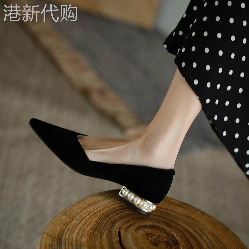 尖头浅口真皮包鞋女春夏2026新款欧洲站复古珍珠跟小众百搭平底鞋