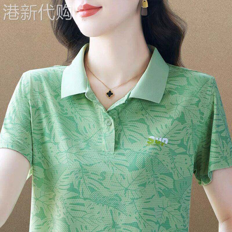 冰丝翻领短袖t恤女夏季2025新款时尚POLO衫有领运动休闲 上衣女