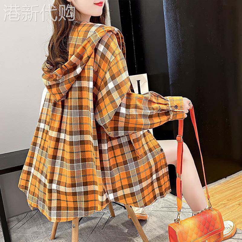连帽格子衬衫女春秋薄款2025新款复古港味百搭中长款长袖外套上衣