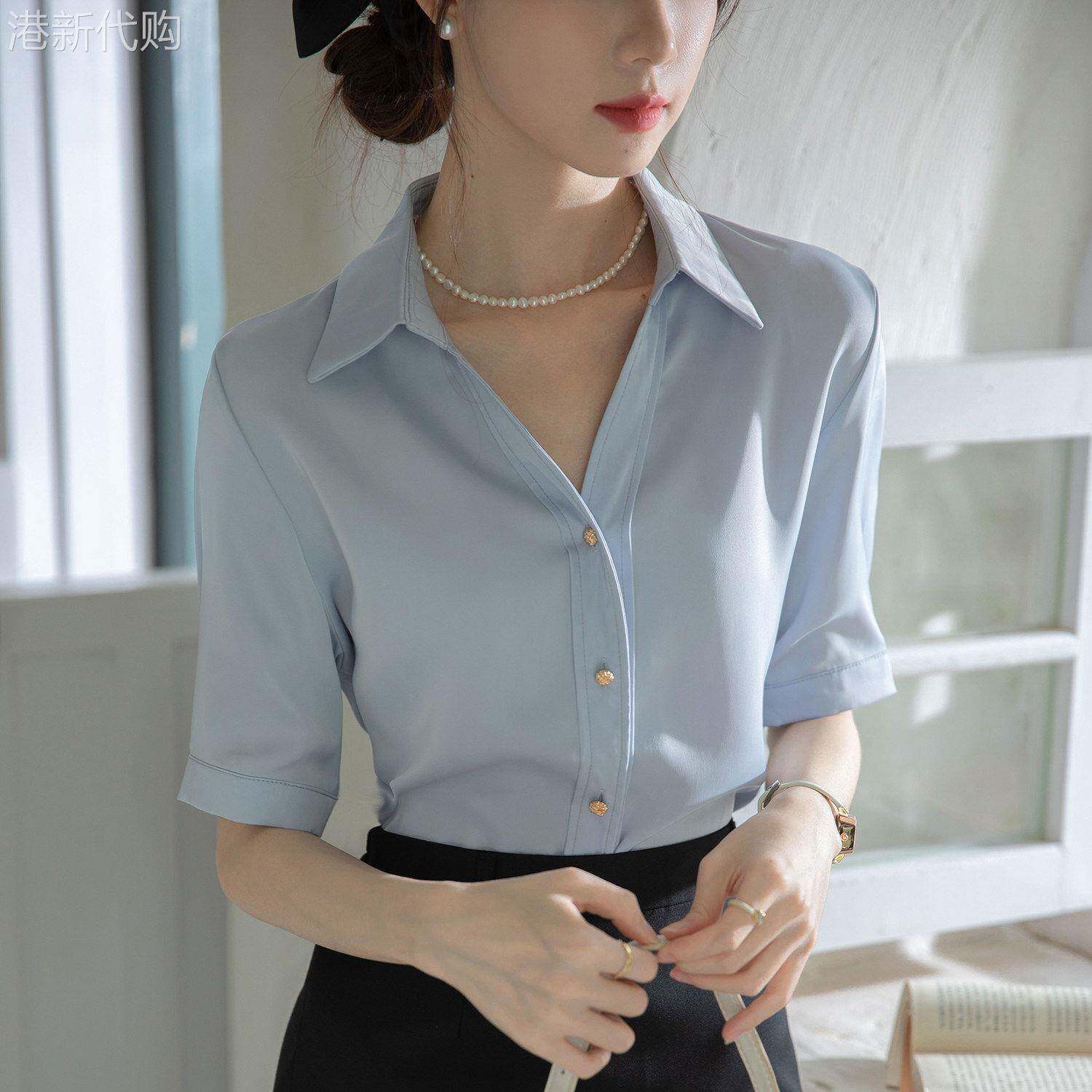 衬衫女短袖夏季薄款V领蓝色中袖上班服面试正装女套装衬衫工作服