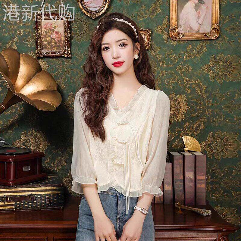 雪纺衬衫女2025新款夏季V领高级感轻奢减龄洋派小衫短款休闲 上衣