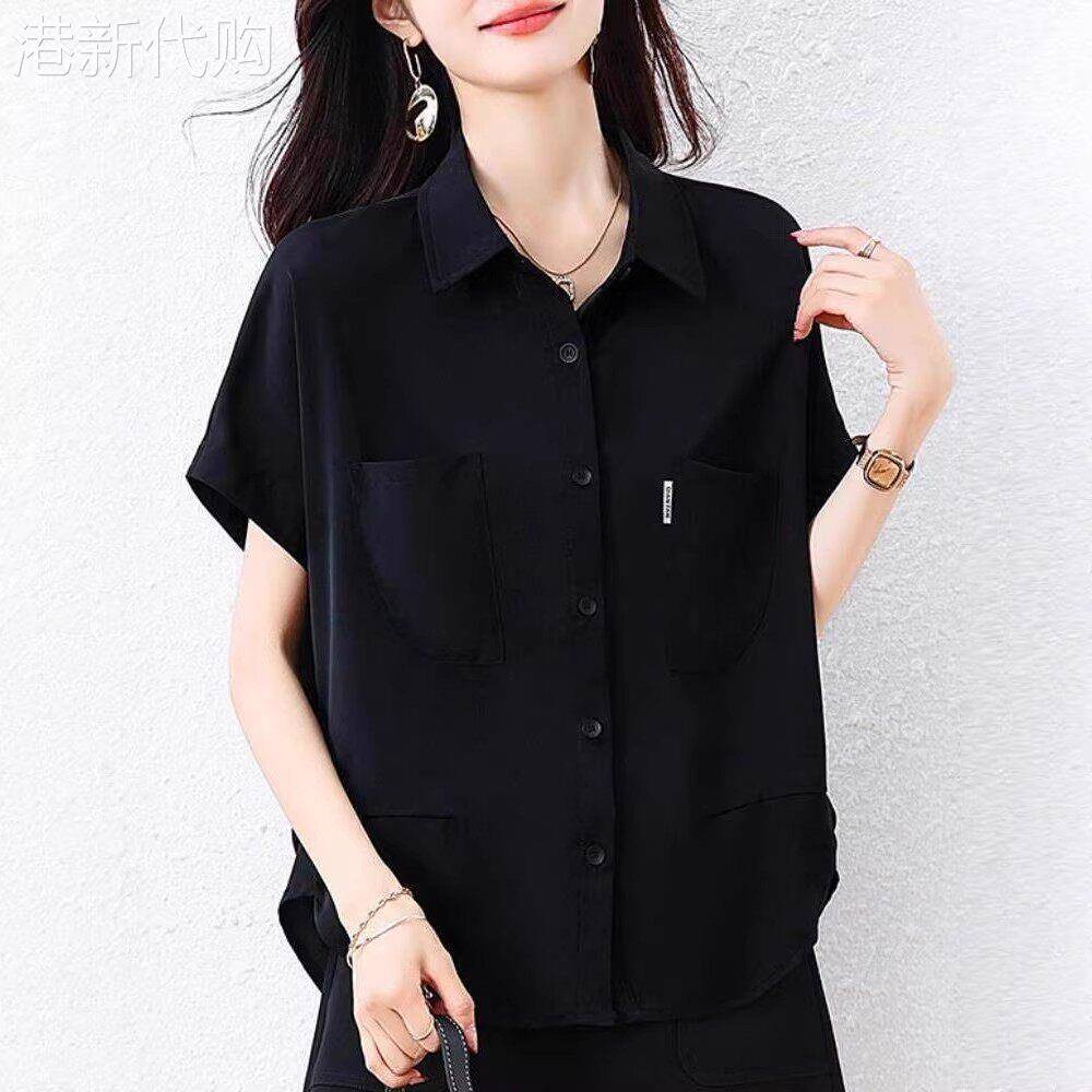 中年妈妈黑色冰凉短袖衬衫女夏季薄款宽松大尺码百搭设计感休闲小